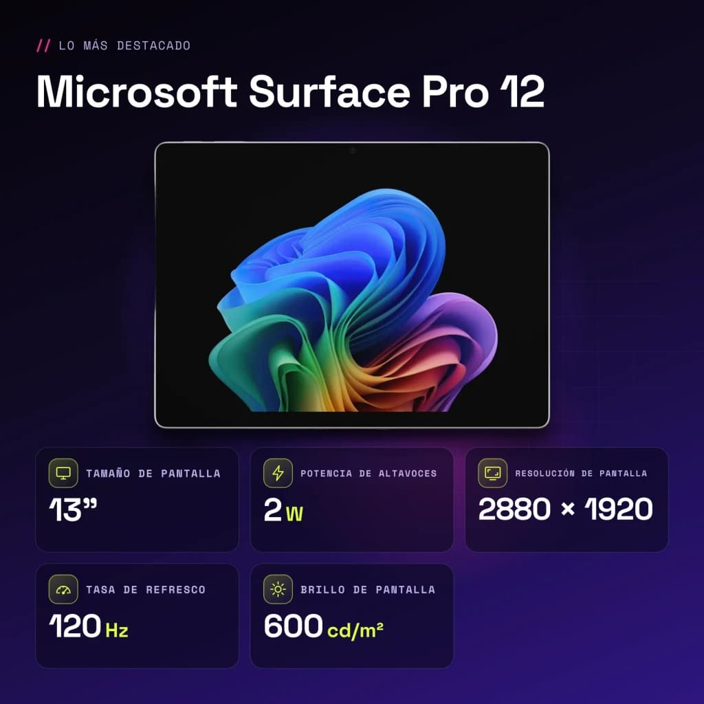 Microsoft Surface Pro 12 32GB/256GB 13 pulgadas LCD PixelSense 120Hz Intel Core Ultra 5 335 WiFi 7 Platino - características