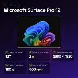 Microsoft Surface Pro 12 32GB/256GB 13 pulgadas LCD PixelSense 120Hz Intel Core Ultra 5 335 WiFi 7 Platino - características