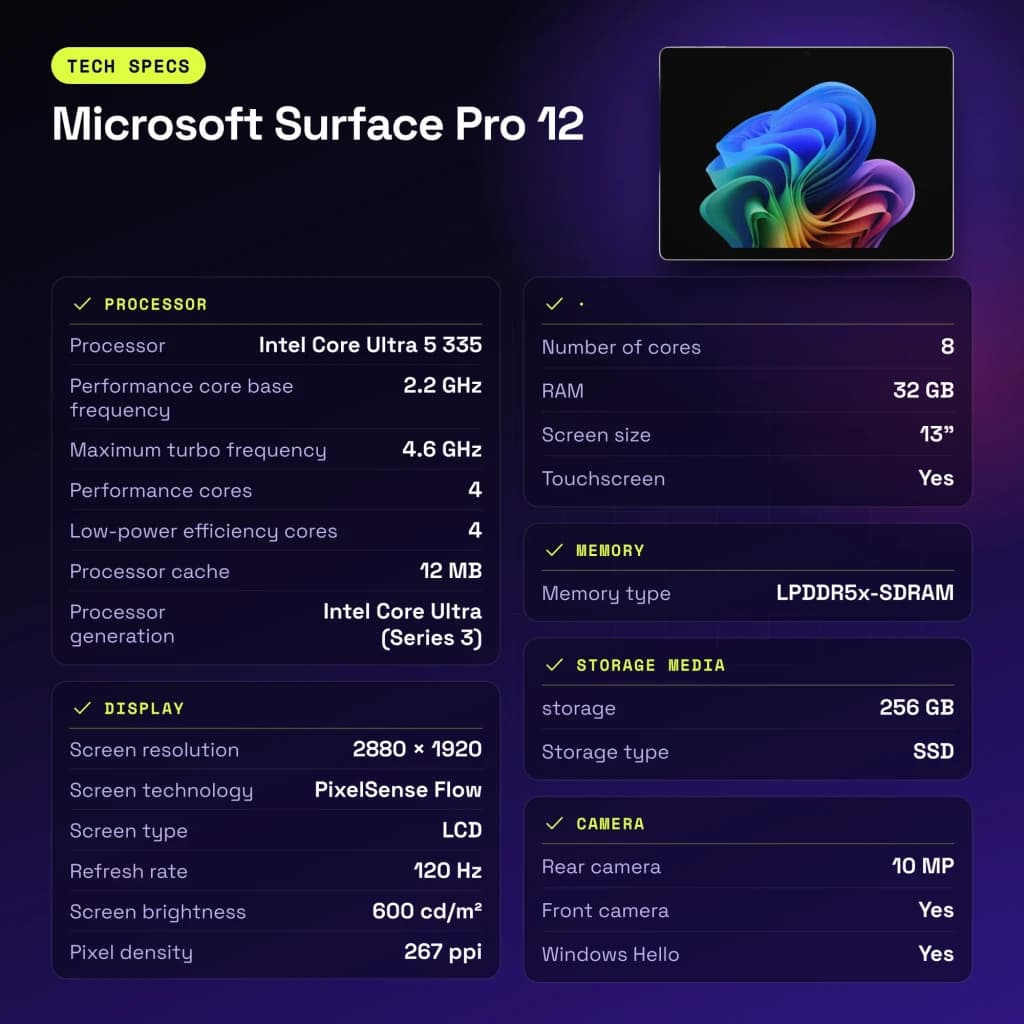 Microsoft Surface Pro 12 32GB/256GB 13 pulgadas LCD PixelSense 120Hz Intel Core Ultra 5 335 WiFi 7 Platino - WiFi 7.0