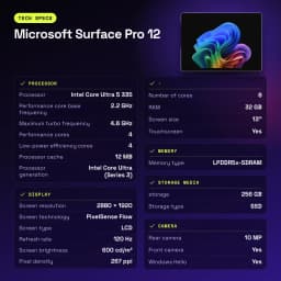 Microsoft Surface Pro 12 32GB/256GB 13 pulgadas LCD PixelSense 120Hz Intel Core Ultra 5 335 WiFi 7 Platino - WiFi 7.0
