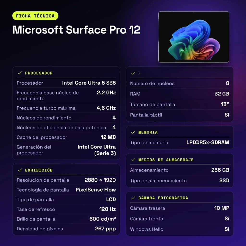 Microsoft Surface Pro 12 32GB/256GB 13 pulgadas LCD PixelSense 120Hz Intel Core Ultra 5 335 WiFi 7 Platino - 10 MP