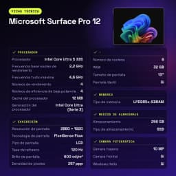 Microsoft Surface Pro 12 32GB/256GB 13 pulgadas LCD PixelSense 120Hz Intel Core Ultra 5 335 WiFi 7 Platino - 10 MP