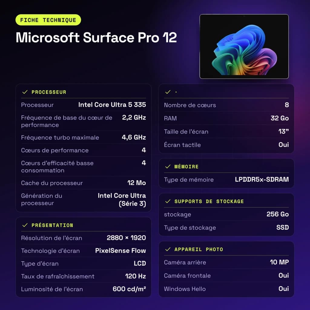 Microsoft Surface Pro 12 32GB/256GB 13 pulgadas LCD PixelSense 120Hz Intel Core Ultra 5 335 WiFi 7 Platino - 47 Wh