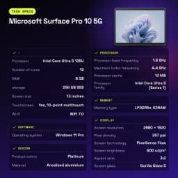 Microsoft Surface Pro 10 5G 8GB/256GB 13 pulgadas Gris PixelSense Flow Táctil Intel Core Ultra 5 135U 19h - características