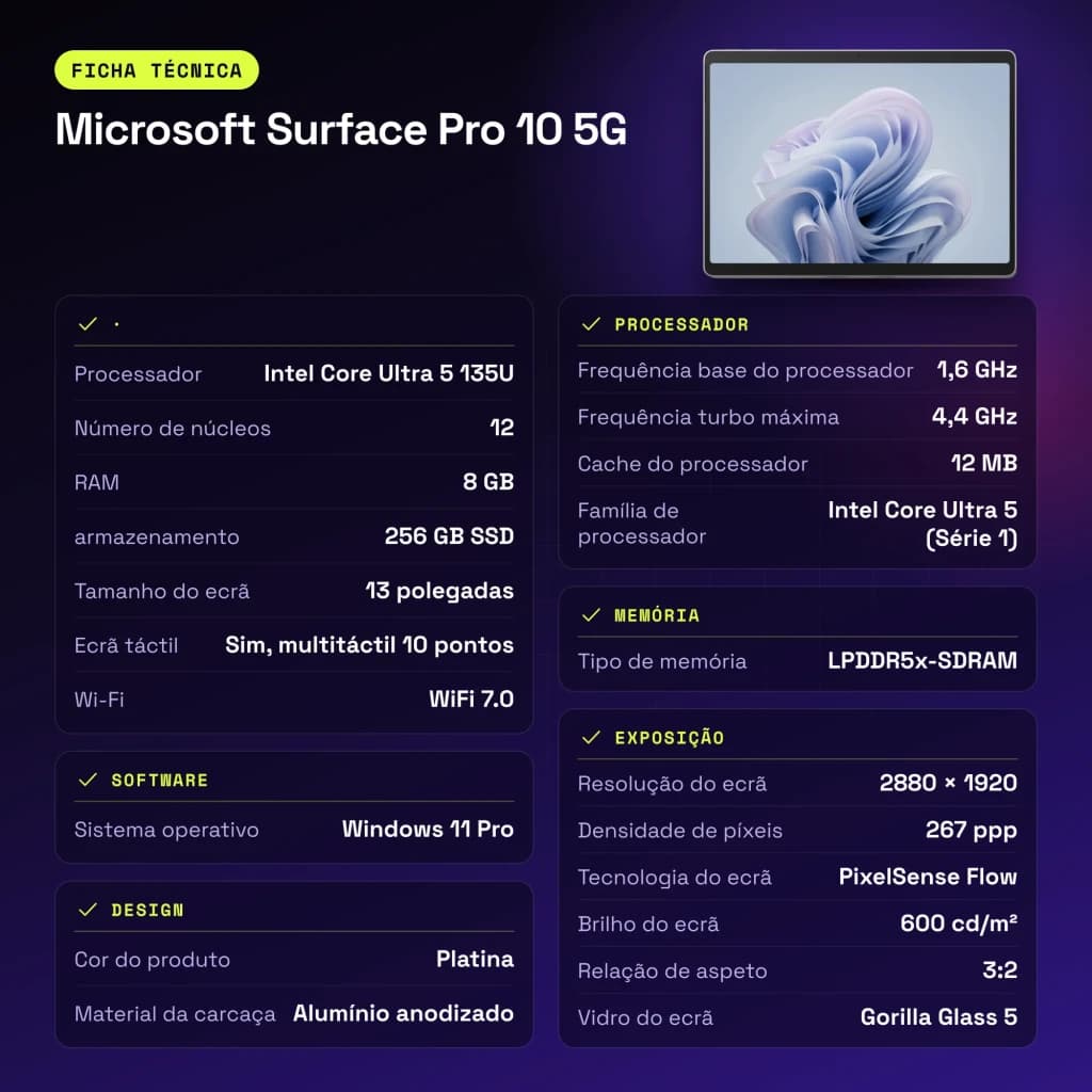 Microsoft Surface Pro 10 5G 8GB/256GB 13 pulgadas Gris PixelSense Flow Táctil Intel Core Ultra 5 135U 19h - características