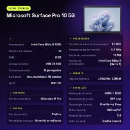Microsoft Surface Pro 10 5G 8GB/256GB 13 pulgadas Gris PixelSense Flow Táctil Intel Core Ultra 5 135U 19h - características