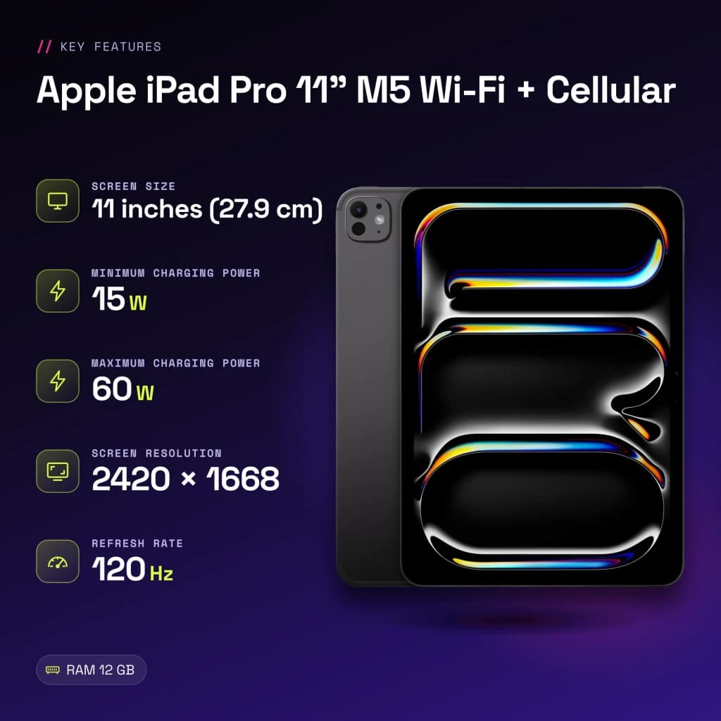 Apple iPad Pro 11 pouces M5 Wi-Fi + Cellular 512Go Noir OLED 120Hz 5G + LTE - caractéristiques, 12 GB