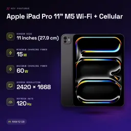 Apple iPad Pro 11 pouces M5 Wi-Fi + Cellular 512Go Noir OLED 120Hz 5G + LTE - caractéristiques, 12 GB