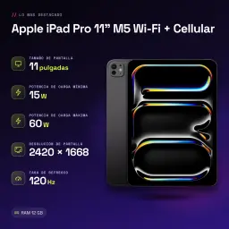 Apple iPad Pro 11 pouces M5 Wi-Fi + Cellular 512Go Noir OLED 120Hz 5G + LTE - caractéristiques