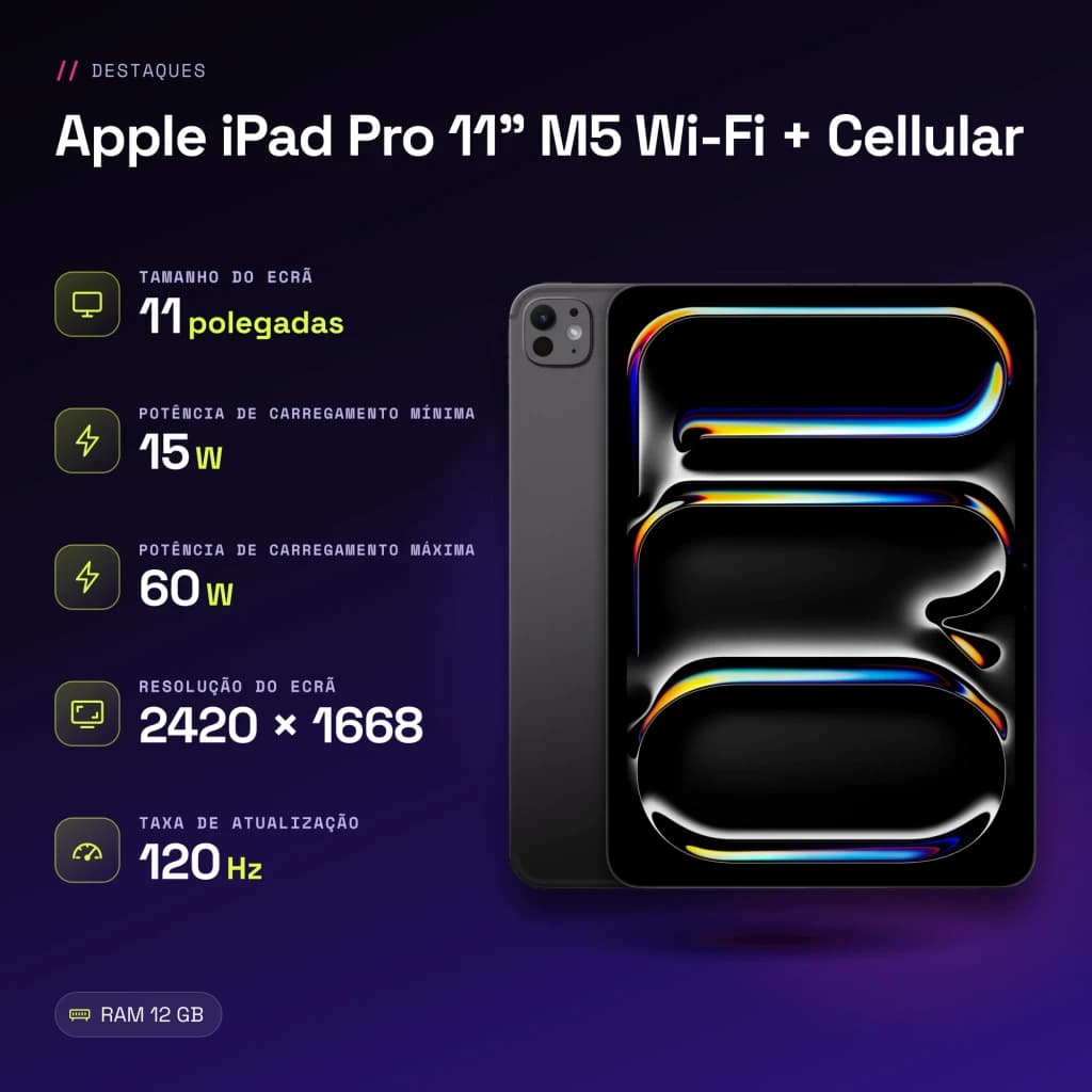 Apple iPad Pro 11 pouces M5 Wi-Fi + Cellular 512Go Noir OLED 120Hz 5G + LTE - caractéristiques, 120 Hz