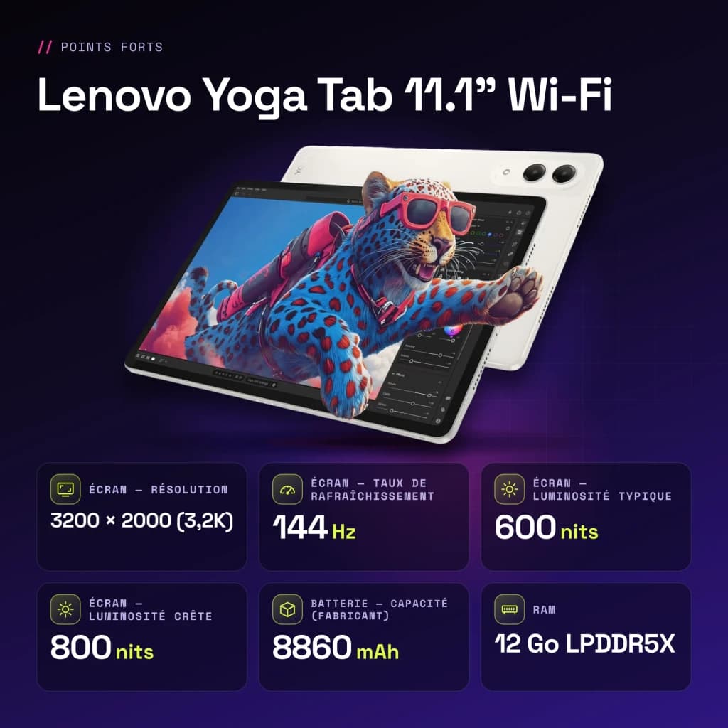 Lenovo Yoga Tab 11,1 pouces Wi-Fi 12Go/256Go Blanc Snapdragon 8 Gen 3 8860mAh - caractéristiques, 600 nits