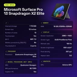 Microsoft Surface Pro 13 platino con pantalla OLED 13 pulgadas 120Hz, marco delgado y diseño premium; destaca logo Microsoft y bordes finos en color platino