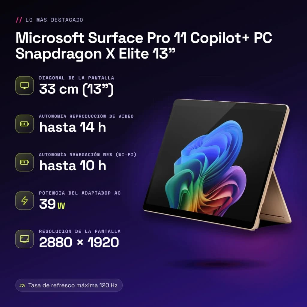 Microsoft Surface Pro 11 Copilot+ PC Snapdragon X Elite 13 polegadas 16GB/512GB Areia PixelSense Flow 120Hz - características