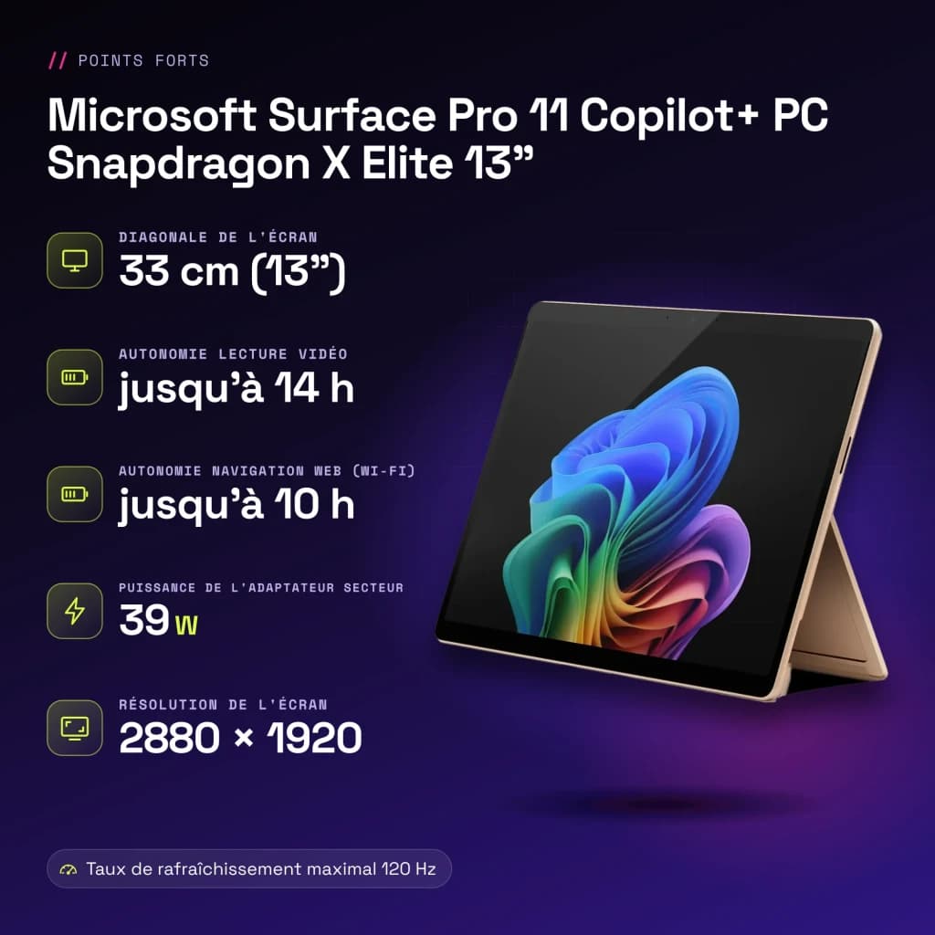 Microsoft Surface Pro 11 Copilot+ PC Snapdragon X Elite 13 polegadas 16GB/512GB Areia PixelSense Flow 120Hz - 10 MP