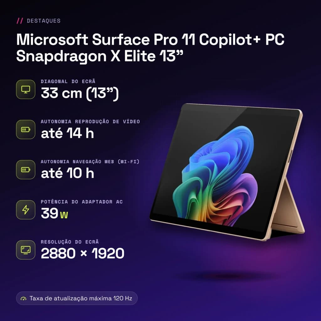 Microsoft Surface Pro 11 Copilot+ PC Snapdragon X Elite 13 polegadas 16GB/512GB Areia PixelSense Flow 120Hz - 12 MP, 1440p