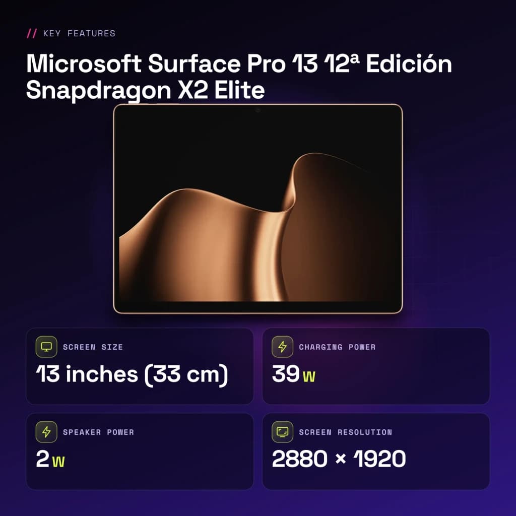 Microsoft Surface Pro 13 12.ª Edição Snapdragon X2 Elite 16GB/1TB Dourado 13 polegadas OLED 120Hz 53Wh 15,5h - 10 MP