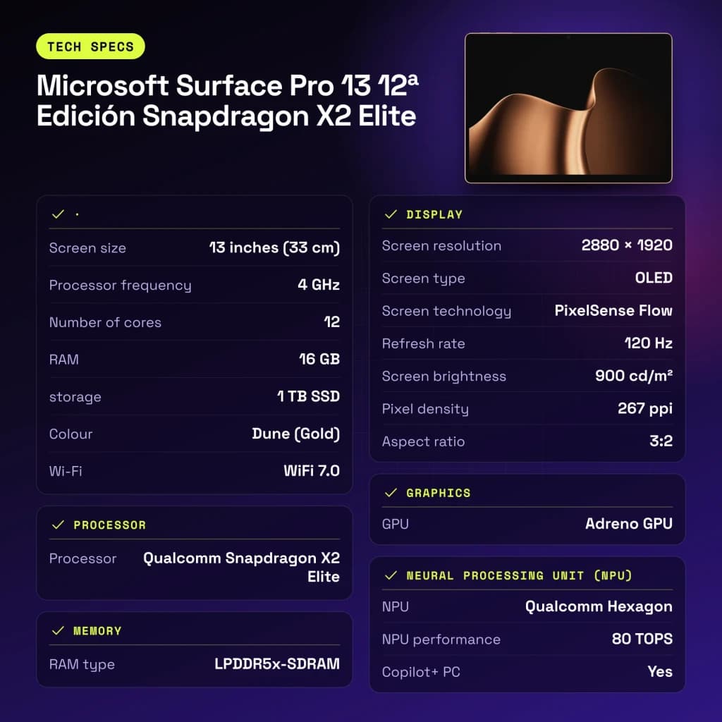 Microsoft Surface Pro 13 12.ª Edição Snapdragon X2 Elite 16GB/1TB Dourado 13 polegadas OLED 120Hz 53Wh 15,5h - 209 mm