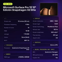 Microsoft Surface Pro 13 12.ª Edição Snapdragon X2 Elite 16GB/1TB Dourado 13 polegadas OLED 120Hz 53Wh 15,5h - 209 mm