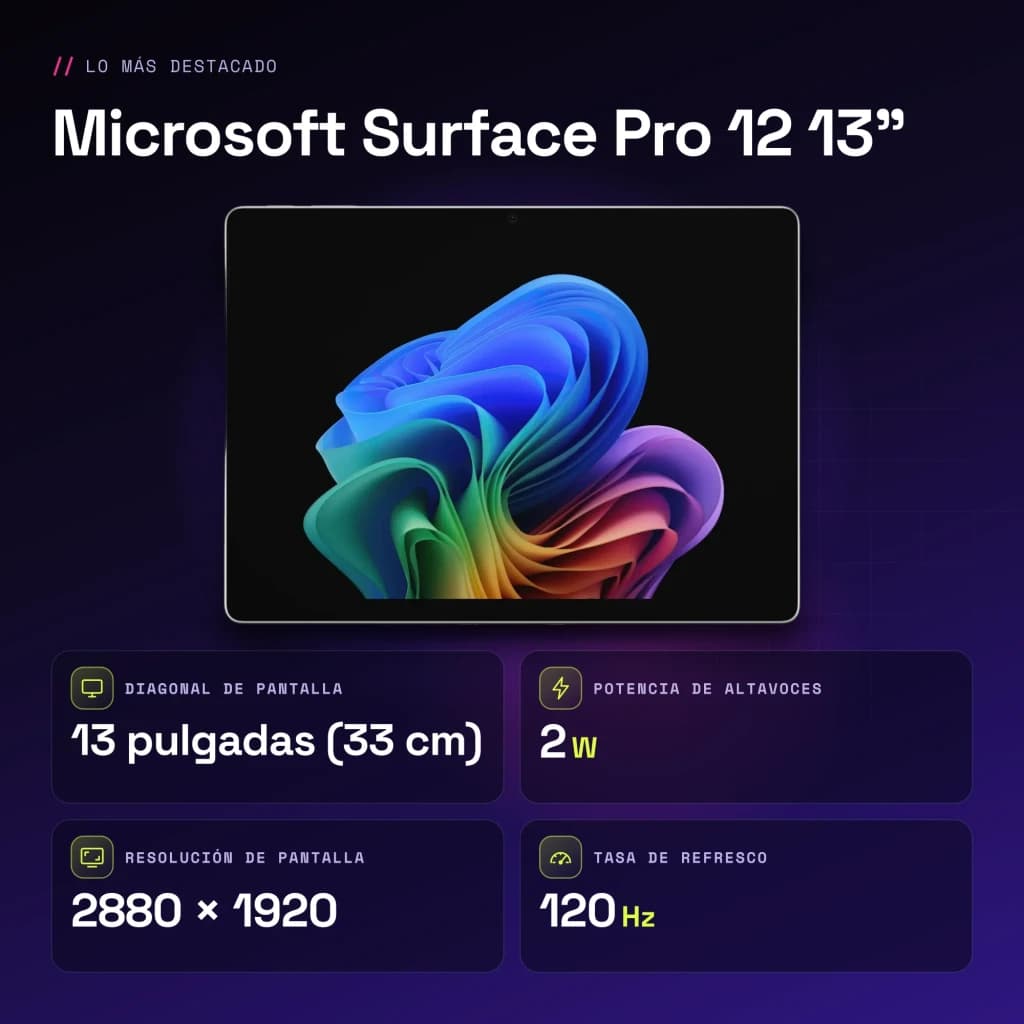 Tablet Microsoft Surface Pro 12 13 pulgadas OLED táctil color platino, biseles delgados, resolución 2880 x 1920, diseño premium y pantalla vibrante