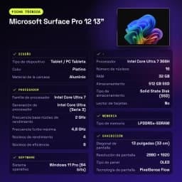 Tabla técnica de Microsoft Surface Pro 12 13 pulgadas en color platino: OLED táctil, Intel Core Ultra 7 366H, 32GB, SSD 512GB, PixelSense Flow