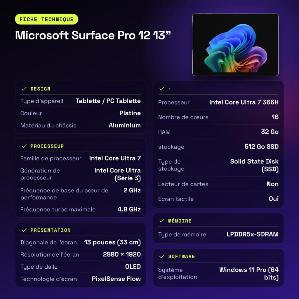 Microsoft Surface Pro 12 13 pulgadas en platino con pantalla OLED táctil PixelSense Flow 2880x1920, diseño de aluminio delgado y acabado premium