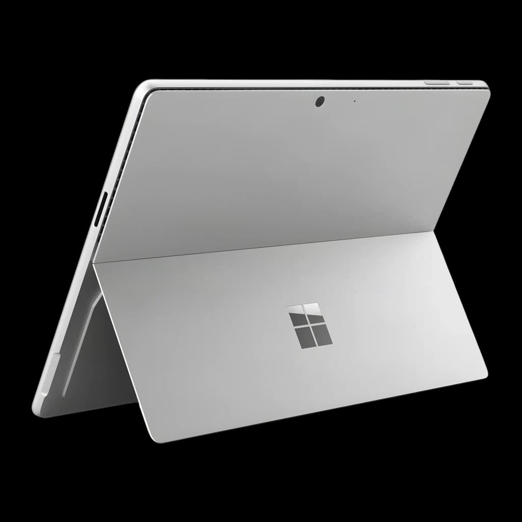 Surface Pro platino con soporte trasero ajustable, cámara y logo Microsoft centrado. Chasis delgado metálico, bordes limpios y acabado premium.