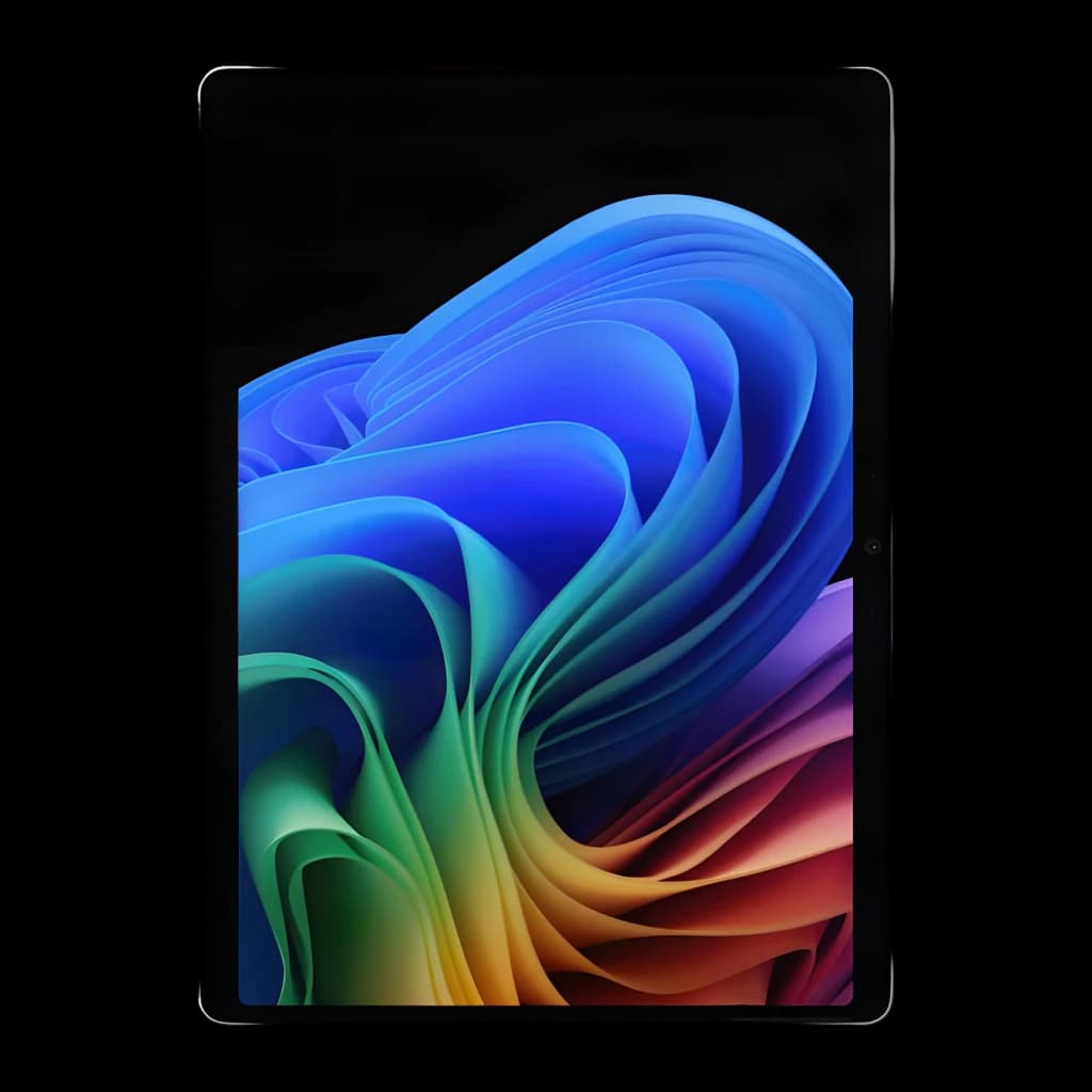 Pantalla OLED táctil Microsoft Surface Pro 12-13 pulgadas en color platino, bordes delgados y colores vivos; diseño moderno tipo tablet sin teclado visible