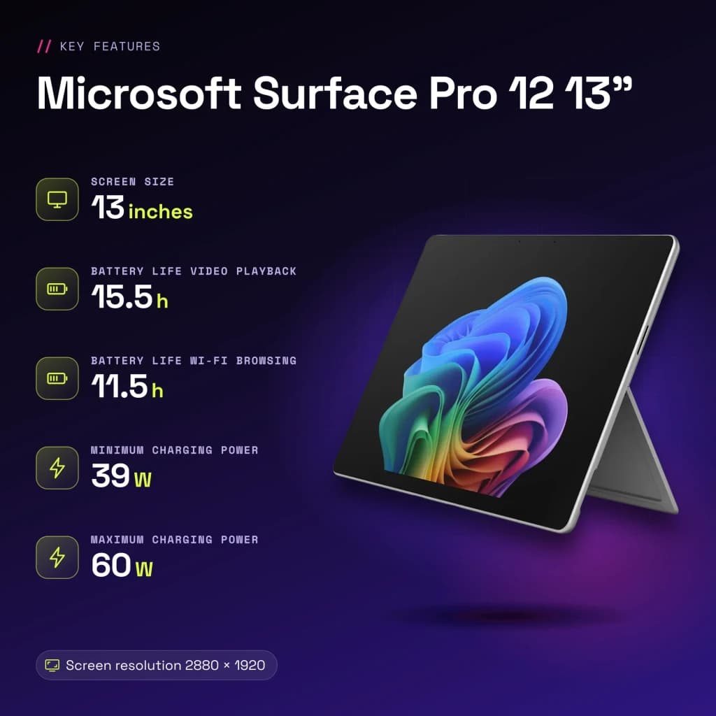 Tablet Microsoft Surface Pro 12 de 13 pulgadas color platino con pantalla PixelSense Flow 120Hz y bisel delgado, soporte trasero tipo kickstand y cámara