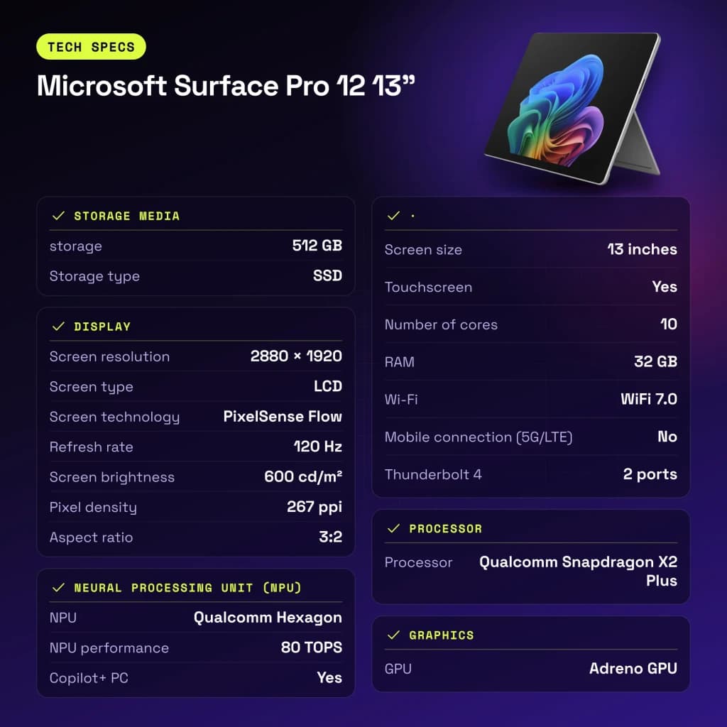 Tablet Microsoft Surface Pro 12 13 pulgadas platino, pantalla PixelSense Flow 120 Hz, 2880 x 1920, biseles finos, soporte trasero y teclado desmontable