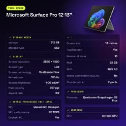 Tablet Microsoft Surface Pro 12 13 pulgadas platino, pantalla PixelSense Flow 120 Hz, 2880 x 1920, biseles finos, soporte trasero y teclado desmontable
