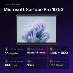 Microsoft Surface Pro 10 5G Gris 16Go/256Go 13 pouces IPS PixelSense Tactile Intel Core Ultra 5 135U 19h - caractéristiques