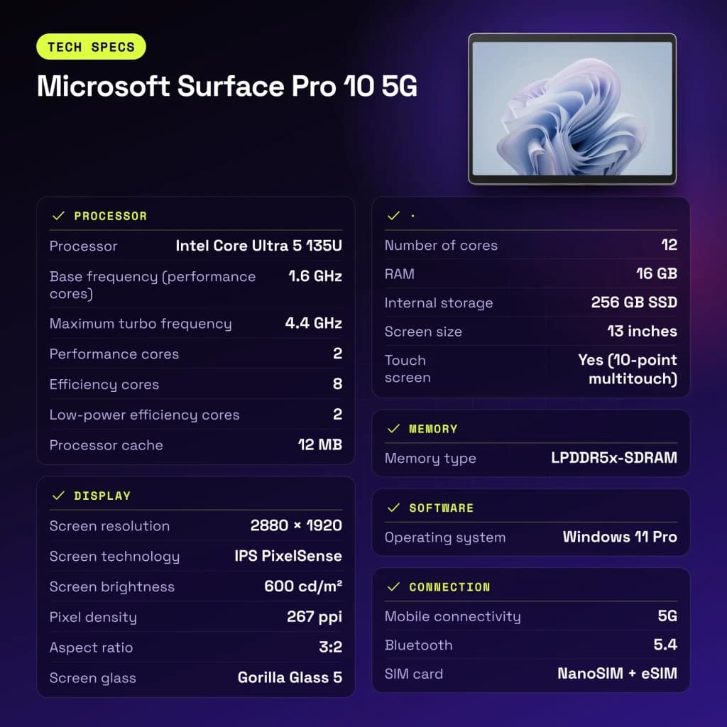 Microsoft Surface Pro 10 16GB/256GB Platine Platine