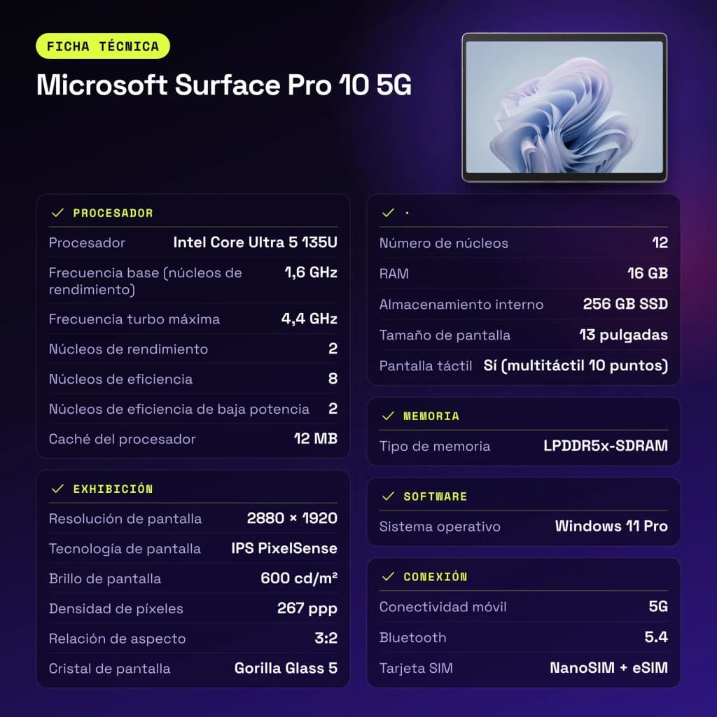 Microsoft Surface Pro 10 5G Gris 16Go/256Go 13 pouces IPS PixelSense Tactile Intel Core Ultra 5 135U 19h - 10,5 MP