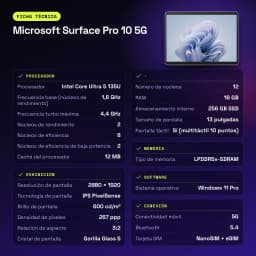 Microsoft Surface Pro 10 5G Gris 16Go/256Go 13 pouces IPS PixelSense Tactile Intel Core Ultra 5 135U 19h - 10,5 MP