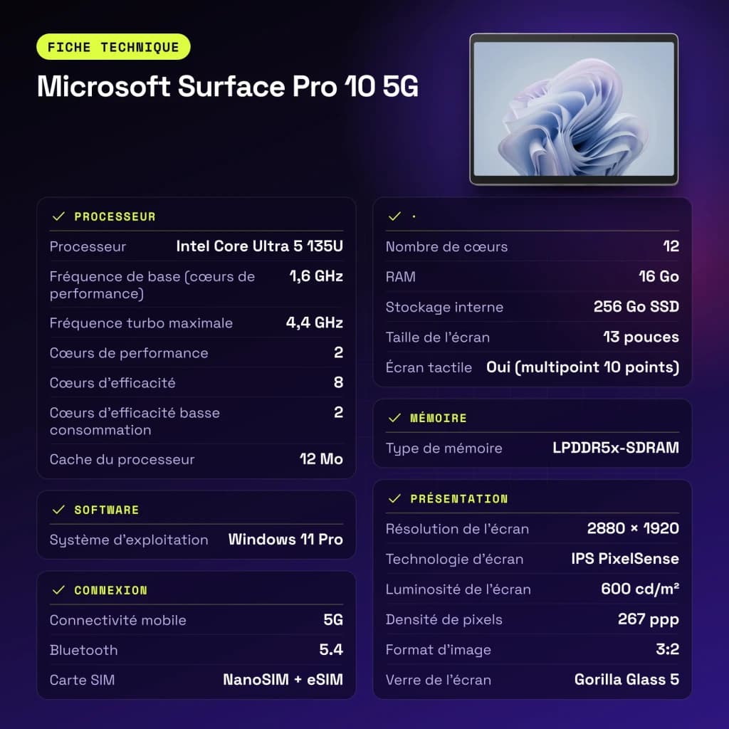 Microsoft Surface Pro 10 5G Gris 16Go/256Go 13 pouces IPS PixelSense Tactile Intel Core Ultra 5 135U 19h - caractéristiques