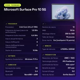 Microsoft Surface Pro 10 5G Gris 16Go/256Go 13 pouces IPS PixelSense Tactile Intel Core Ultra 5 135U 19h - caractéristiques