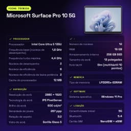 Microsoft Surface Pro 10 5G Gris 16Go/256Go 13 pouces IPS PixelSense Tactile Intel Core Ultra 5 135U 19h - caractéristiques