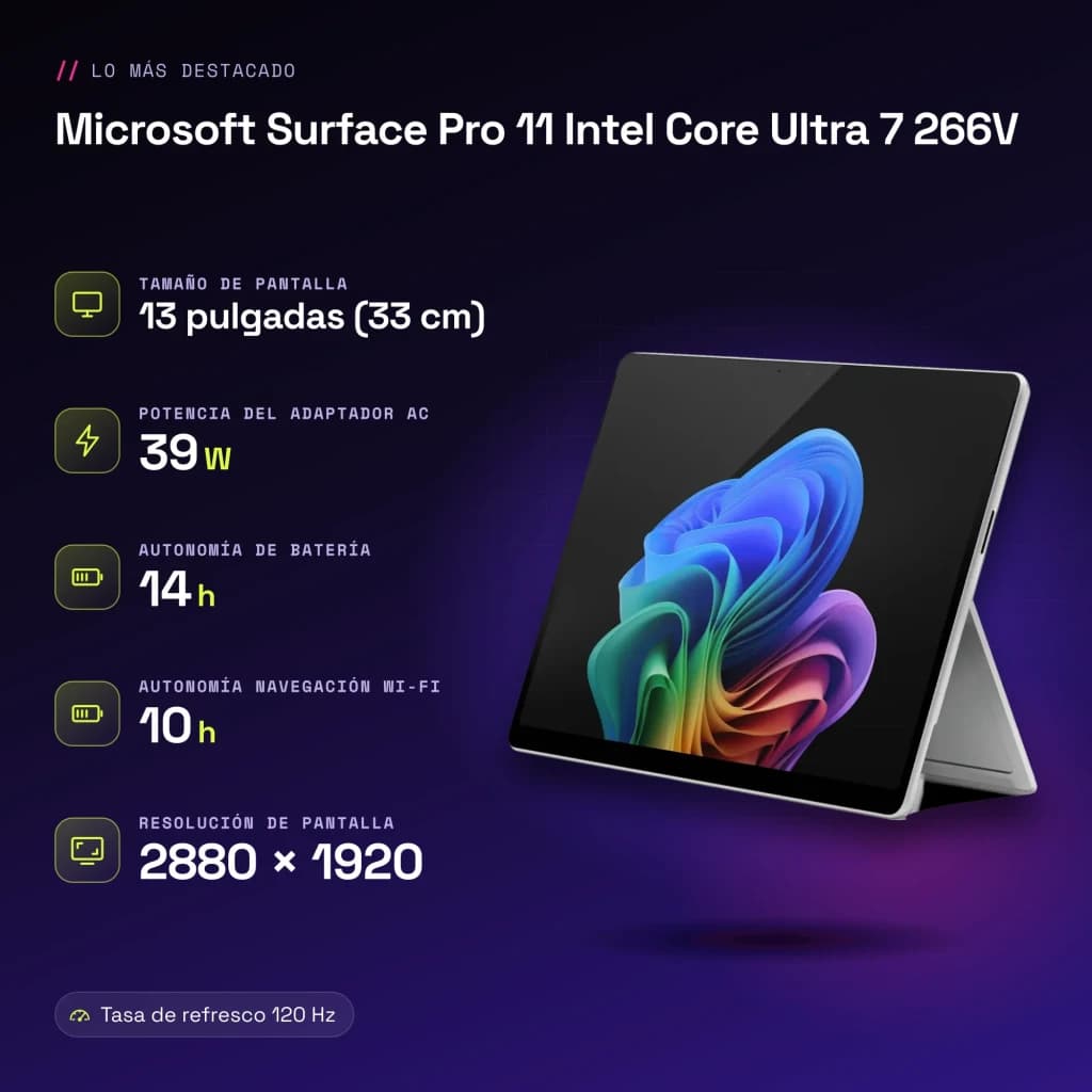 Tablet Microsoft Surface Pro 11 Intel Core Ultra 7 266V 16GB/512GB 13 polegadas 120Hz Táctil Platina - características