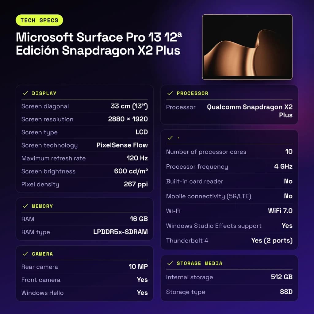 Microsoft Surface Pro 13 12.ª Edição Snapdragon X2 Plus 16GB/512GB Dourado 13 polegadas PixelSense Flow 120Hz - 10 MP