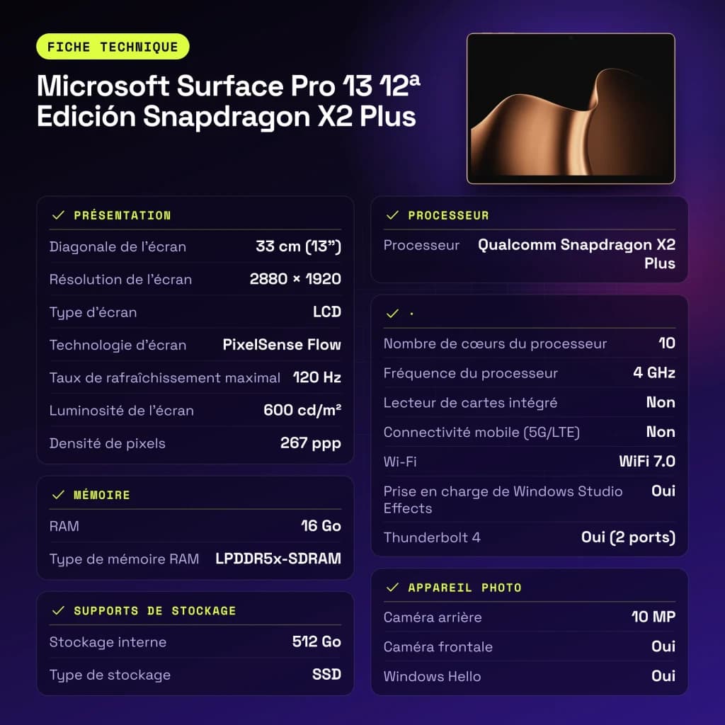Microsoft Surface Pro 13 12.ª Edição Snapdragon X2 Plus 16GB/512GB Dourado 13 polegadas PixelSense Flow 120Hz - WiFi 7.0