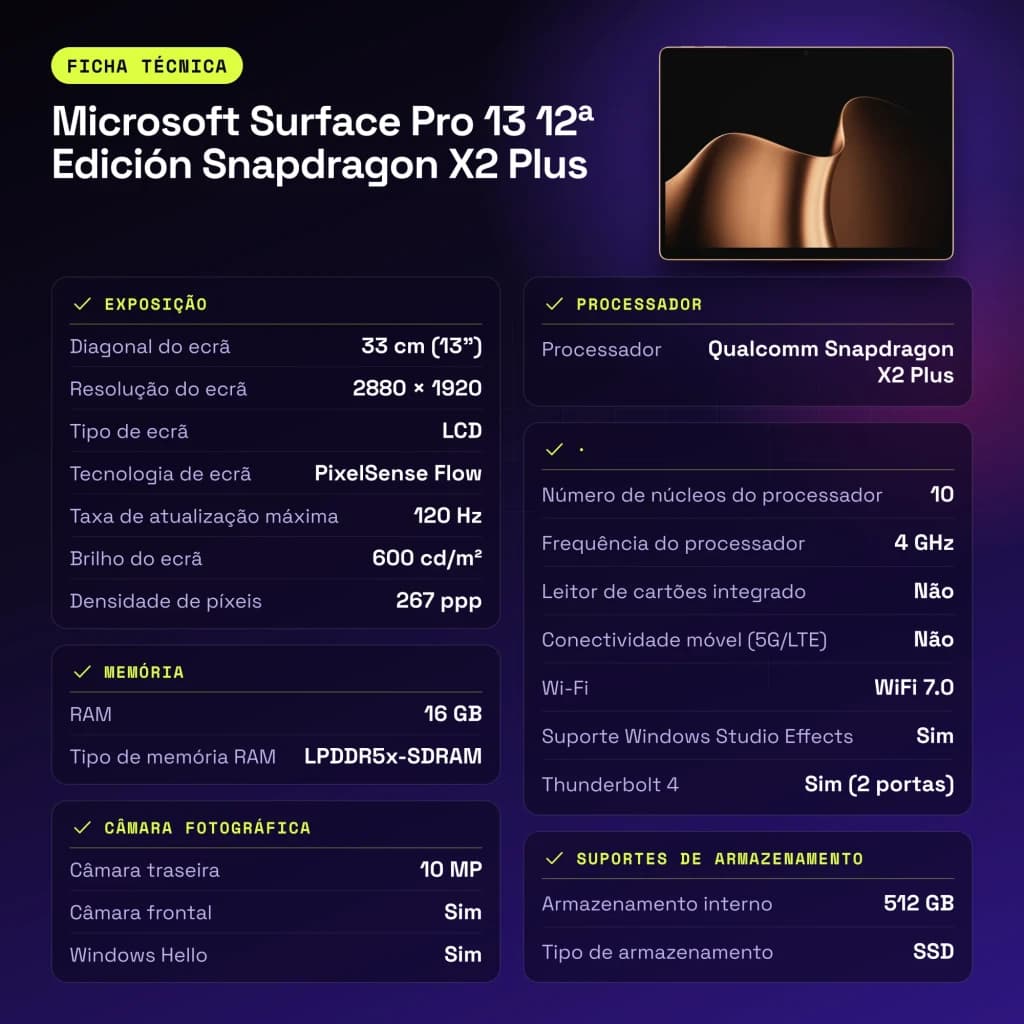 Microsoft Surface Pro 13 12.ª Edição Snapdragon X2 Plus 16GB/512GB Dourado 13 polegadas PixelSense Flow 120Hz - 47 Wh