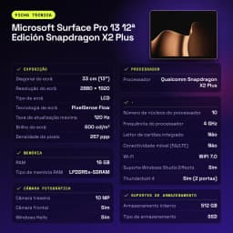 Microsoft Surface Pro 13 12.ª Edição Snapdragon X2 Plus 16GB/512GB Dourado 13 polegadas PixelSense Flow 120Hz - 47 Wh