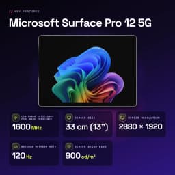 Tablet Microsoft Surface Pro 12 5G en platino con pantalla OLED 13 pulgadas 120 Hz, bordes delgados y colores vibrantes; diseño premium y moderno