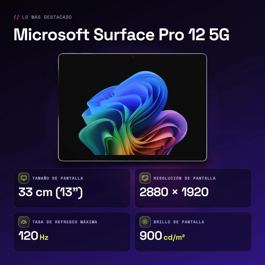 Tablet Microsoft Surface Pro 12 5G color platino con pantalla OLED 13 2880x1920, 120 Hz y brillo 900 cd/m²; diseño delgado y biseles finos