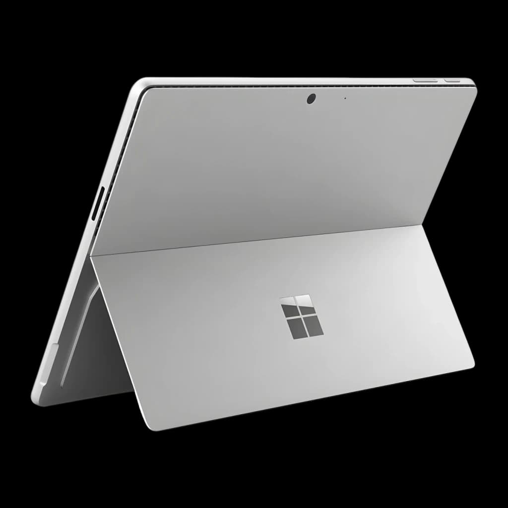 Surface Pro 12 5G en platino con soporte trasero integrado tipo kickstand y cámara central; diseño delgado y minimalista con logo de Microsoft
