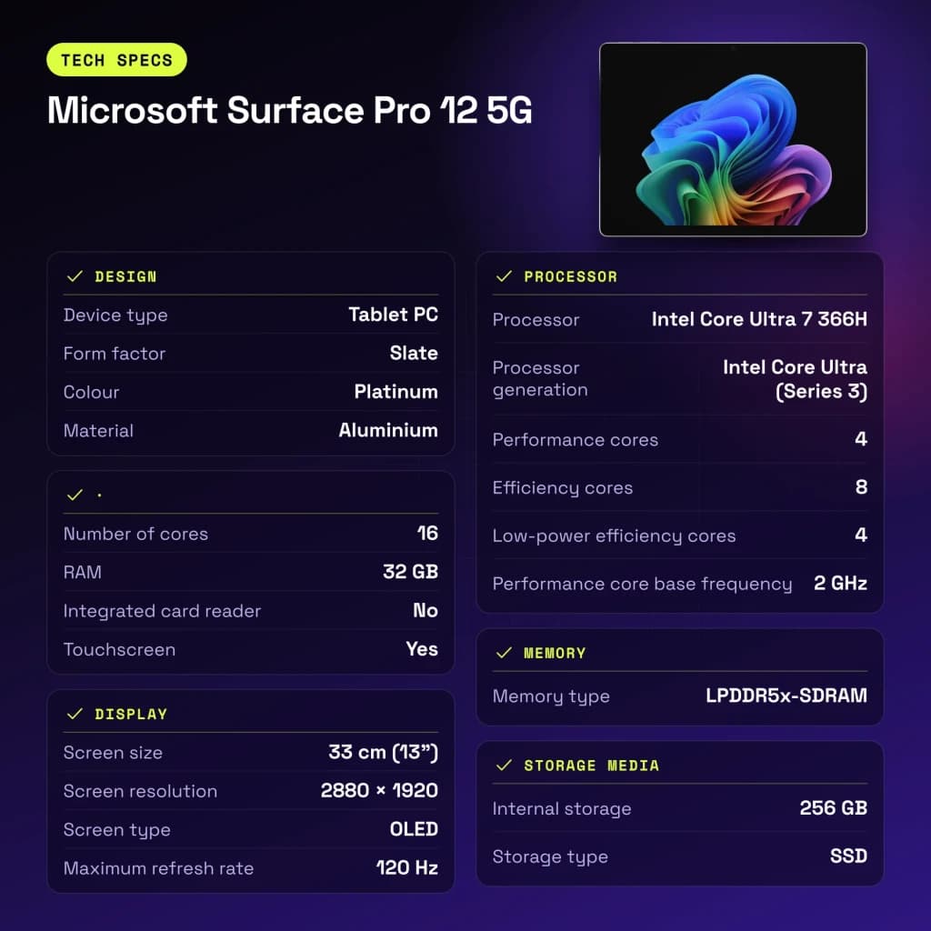 Microsoft Surface Pro 12 5G en platino con pantalla OLED 13 pulgadas 2880x1920 120Hz, diseño slate de aluminio, delgada y premium
