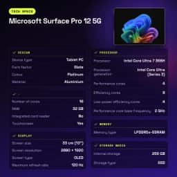 Microsoft Surface Pro 12 5G en platino con pantalla OLED 13 pulgadas 2880x1920 120Hz, diseño slate de aluminio, delgada y premium