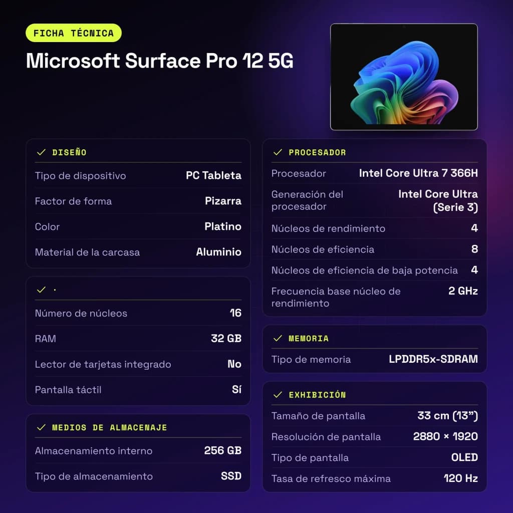 Microsoft Surface Pro 12 5G platino, pantalla OLED 13 2880x1920 120Hz, Intel Core Ultra 7 366H, 32GB RAM, 256GB SSD, chasis de aluminio elegante