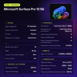 Microsoft Surface Pro 12 5G platino con pantalla OLED 13 pulgadas 2880x1920 120Hz, delgada y elegante; destaca logo colorido y especificaciones técnicas en