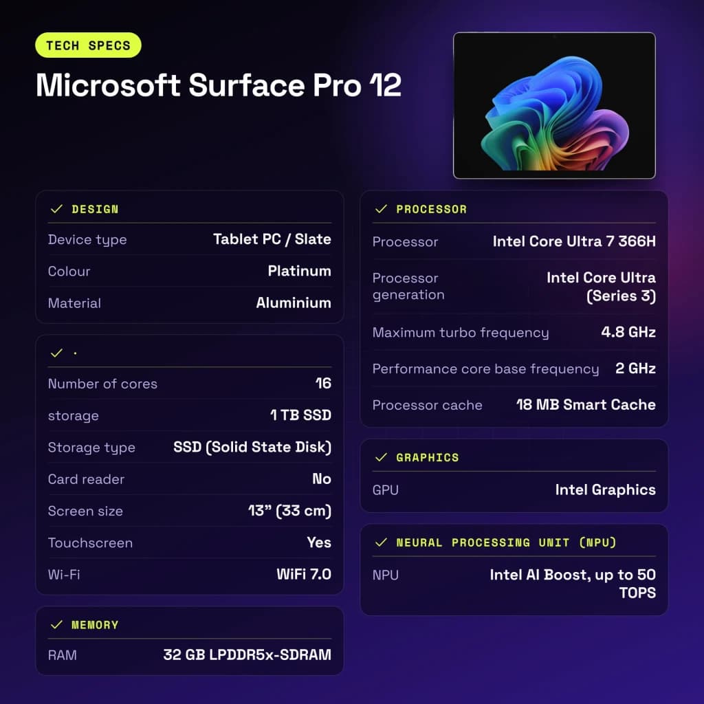 Microsoft Surface Pro 12 32GB/1TB 13 pulgadas OLED 120Hz Intel Core Ultra 7 366H WiFi 7 Platino - 209 x 287 x 9,3 mm